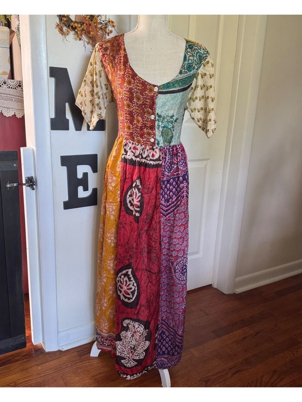 Vintage Sacred Threads Silk Patchwork Maxi Dress Boho Short Sleeve Size M/L